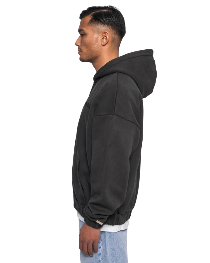 SUPER HEAVY OVERSIZE LOGO ZIP HOODIE ACID WASHED BLACK